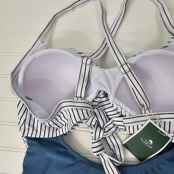 Women's Blue Striped Wrap Top Cut Out High Waist One Piece Swimsuit Size XL NWT - Picture 7 of 13